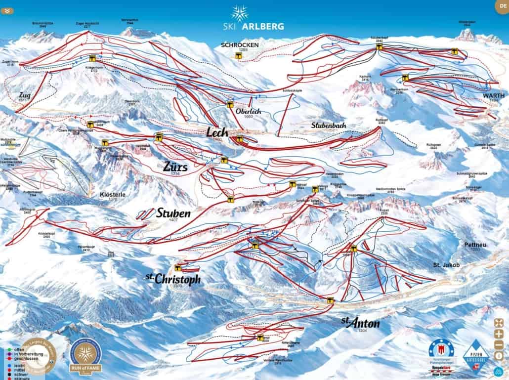 Arlberg Ski Karte mit allen Skiliften und Pisten eingezeichnet.